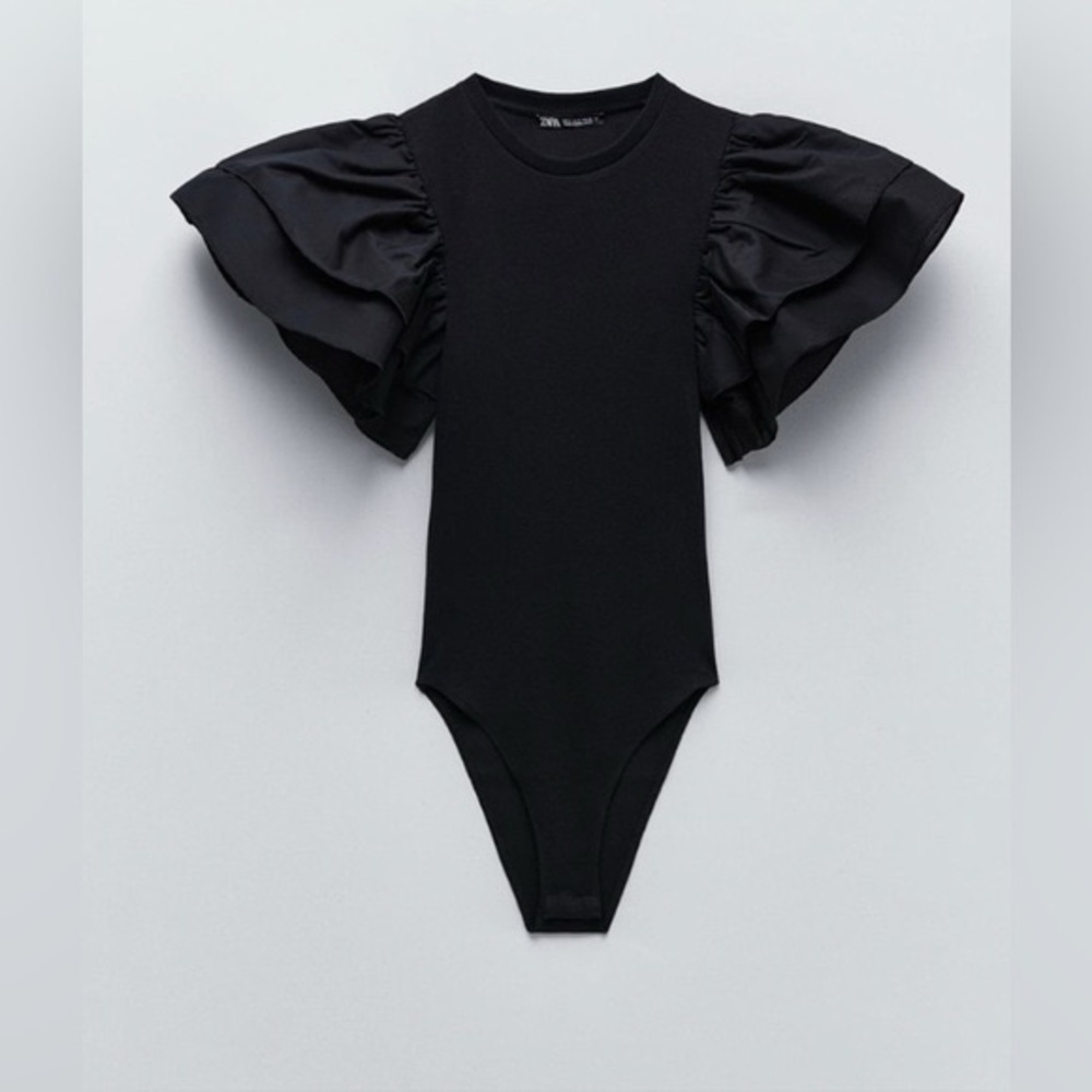 ZARA Puff Sleeve Ribbed Body Suit (Black) NWT